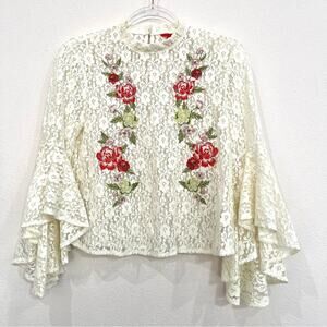 Chelsea & Violet Ivory Cream Boho Embroidered Lace Top with Bell Sleeves - Small